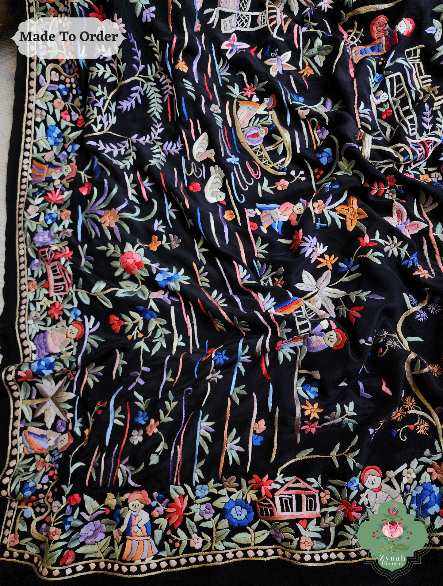 Black Crepe Silk Saree Hand Embroidered Parsi Gara Saree 11