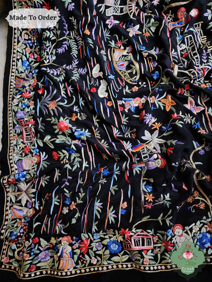 Black Crepe Silk Saree Hand Embroidered Parsi Gara Saree 11