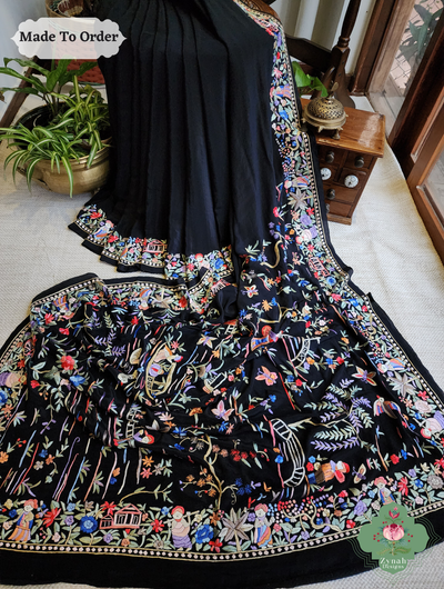 Black Crepe Silk Saree Hand Embroidered Parsi Gara Saree 1