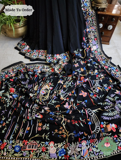 Black Crepe Silk Saree Hand Embroidered Parsi Gara Saree 3