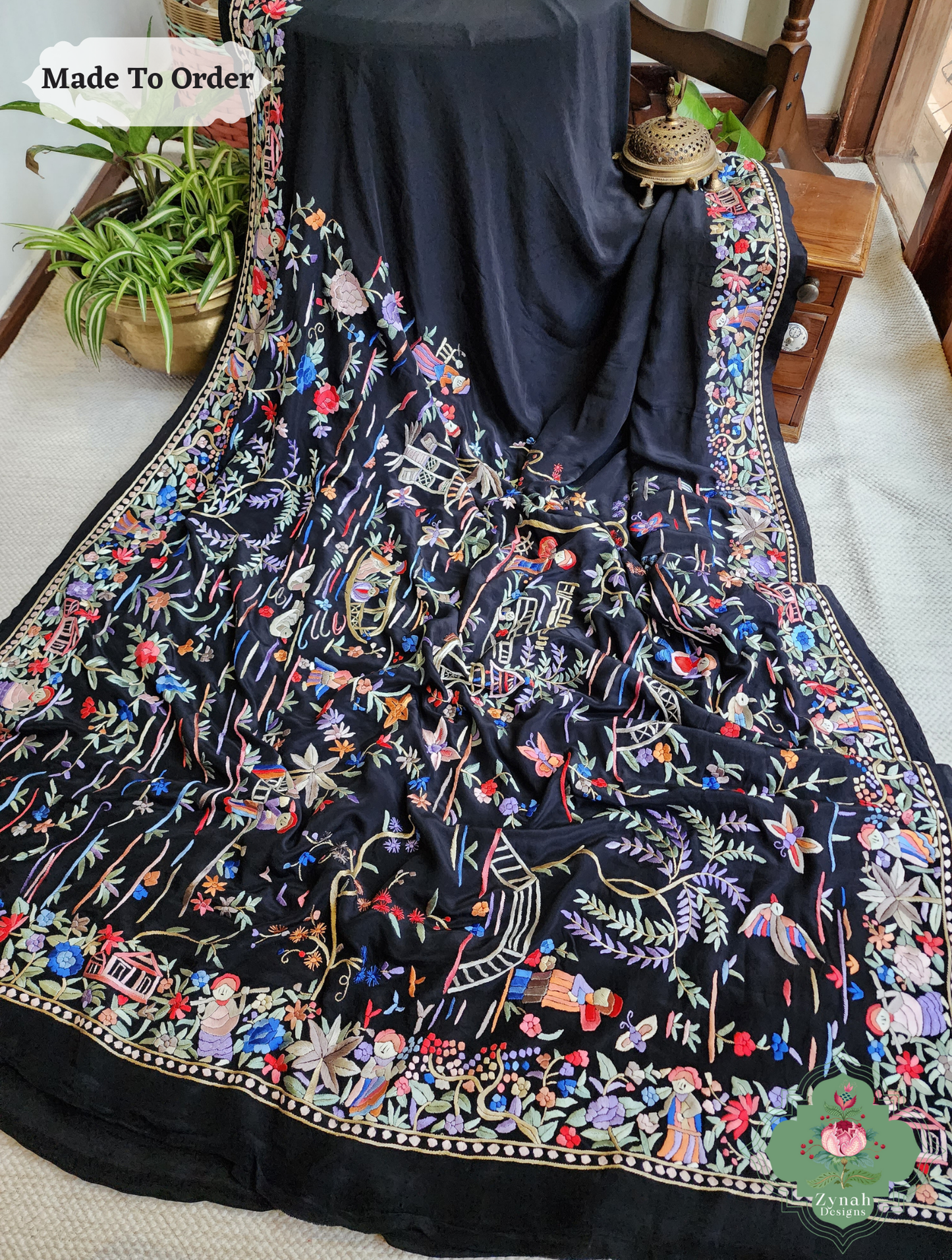 Black Crepe Silk Saree Hand Embroidered Parsi Gara Saree 4