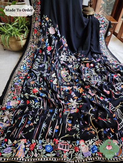 Black Crepe Silk Saree Hand Embroidered Parsi Gara Saree 5