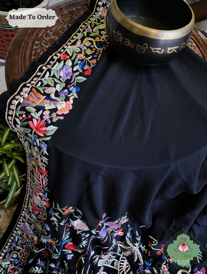 Black Crepe Silk Saree Hand Embroidered Parsi Gara Saree 6