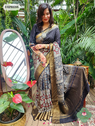 Zynah Black & Maroon Dola Silk Ajrakh Block Printed Saree With Zari Border; Custom Stitched/Ready-made Blouse, Fall, Petticoat; SKU: 1110202402