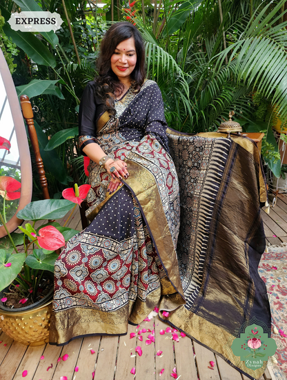 Zynah Black & Maroon Dola Silk Ajrakh Block Printed Saree With Zari Border; Custom Stitched/Ready-made Blouse, Fall, Petticoat; SKU: 1110202402