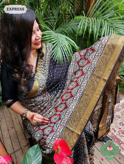 Zynah Black & Maroon Dola Silk Ajrakh Block Printed Saree With Zari Border; Custom Stitched/Ready-made Blouse, Fall, Petticoat; SKU: 1110202402