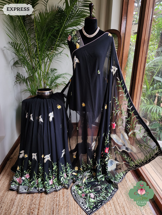 Zynah Made To Order Black Pure Georgette Hand Embroidered Authentic Parsi Gara Saree; Custom Stitched/Ready-made Blouse, Fall, Petticoat; SKU: 2008202507