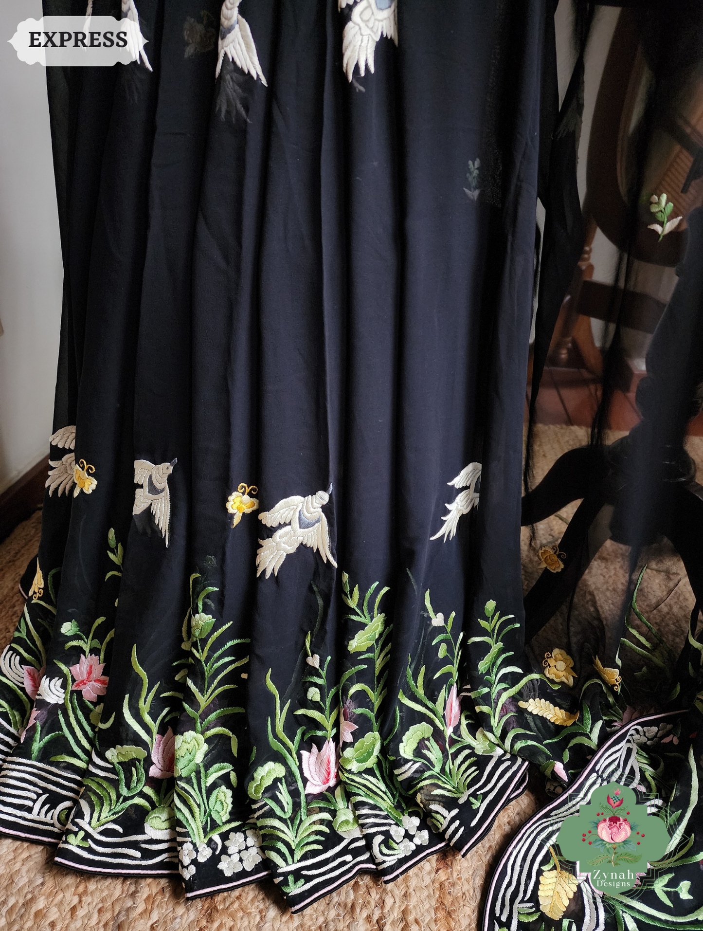 Zynah Made To Order Black Pure Georgette Hand Embroidered Authentic Parsi Gara Saree; Custom Stitched/Ready-made Blouse, Fall, Petticoat; SKU: 2008202507