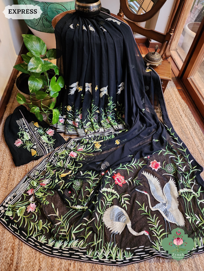 Zynah Made To Order Black Pure Georgette Hand Embroidered Authentic Parsi Gara Saree; Custom Stitched/Ready-made Blouse, Fall, Petticoat; SKU: 2008202507