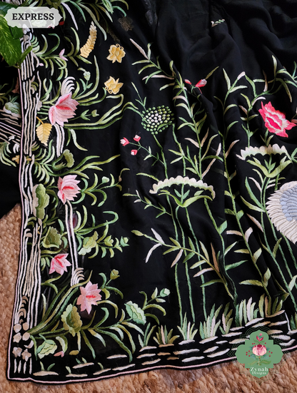 Zynah Made To Order Black Pure Georgette Hand Embroidered Authentic Parsi Gara Saree; Custom Stitched/Ready-made Blouse, Fall, Petticoat; SKU: 2008202507