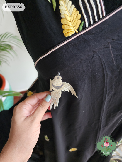 Zynah Made To Order Black Pure Georgette Hand Embroidered Authentic Parsi Gara Saree; Custom Stitched/Ready-made Blouse, Fall, Petticoat; SKU: 2008202507