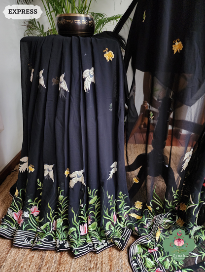 Zynah Made To Order Black Pure Georgette Hand Embroidered Authentic Parsi Gara Saree; Custom Stitched/Ready-made Blouse, Fall, Petticoat; SKU: 2008202507