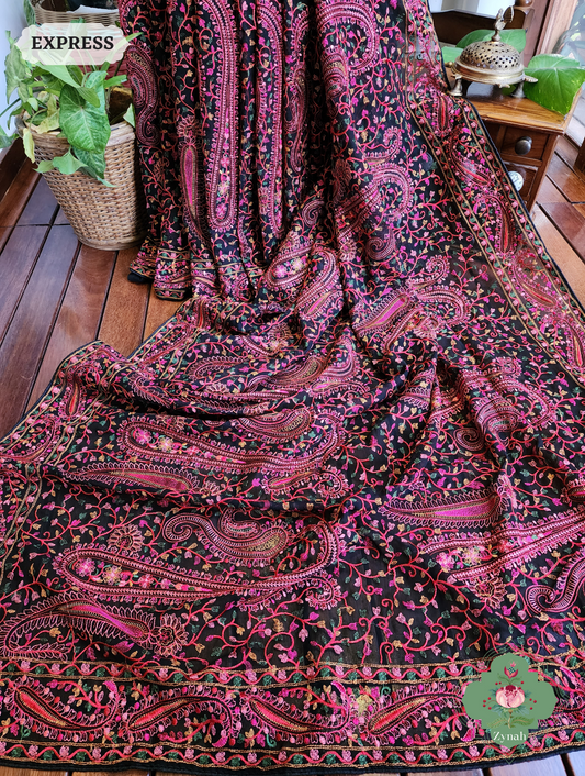 Black Georgette Saree With Kashida Inspired Embroidery 1