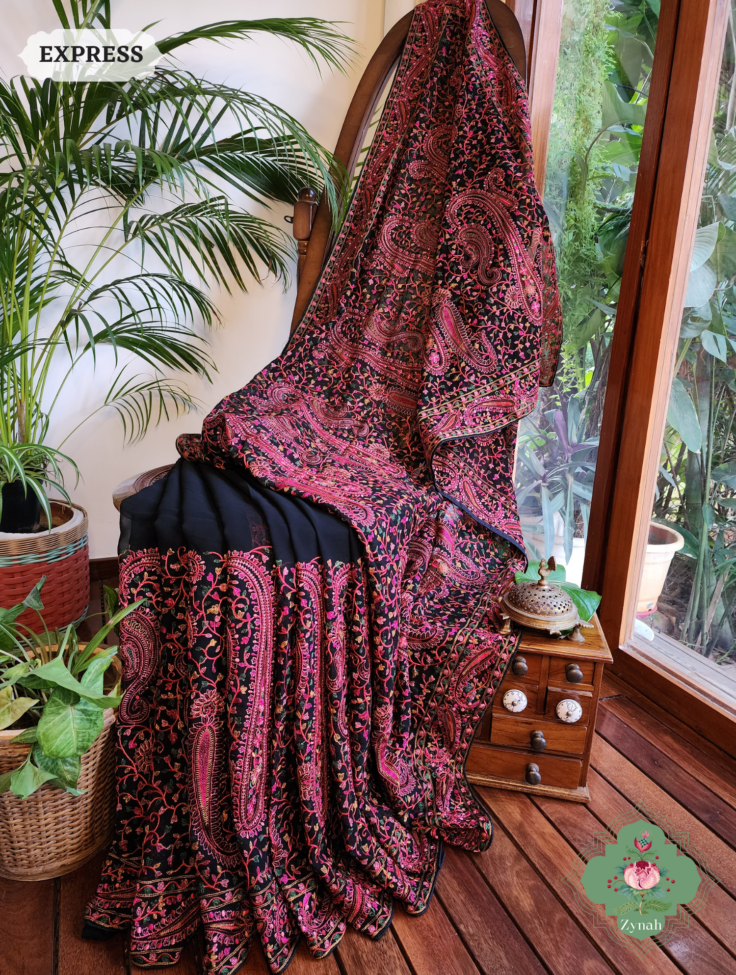 Black Georgette Saree With Kashida Inspired Embroidery 3