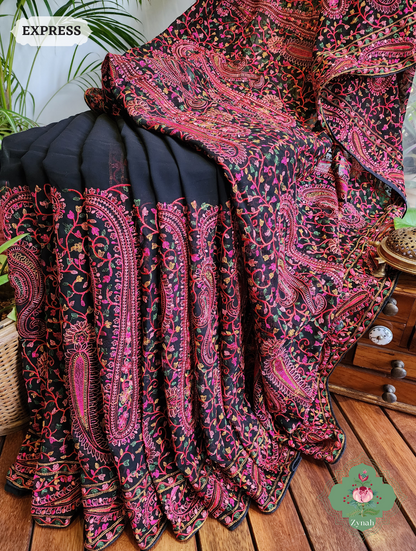 Black Georgette Saree With Kashida Inspired Embroidery 4