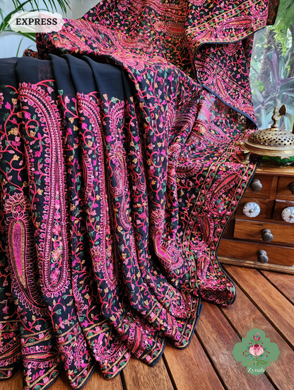 Black Georgette Saree With Kashida Inspired Embroidery 5