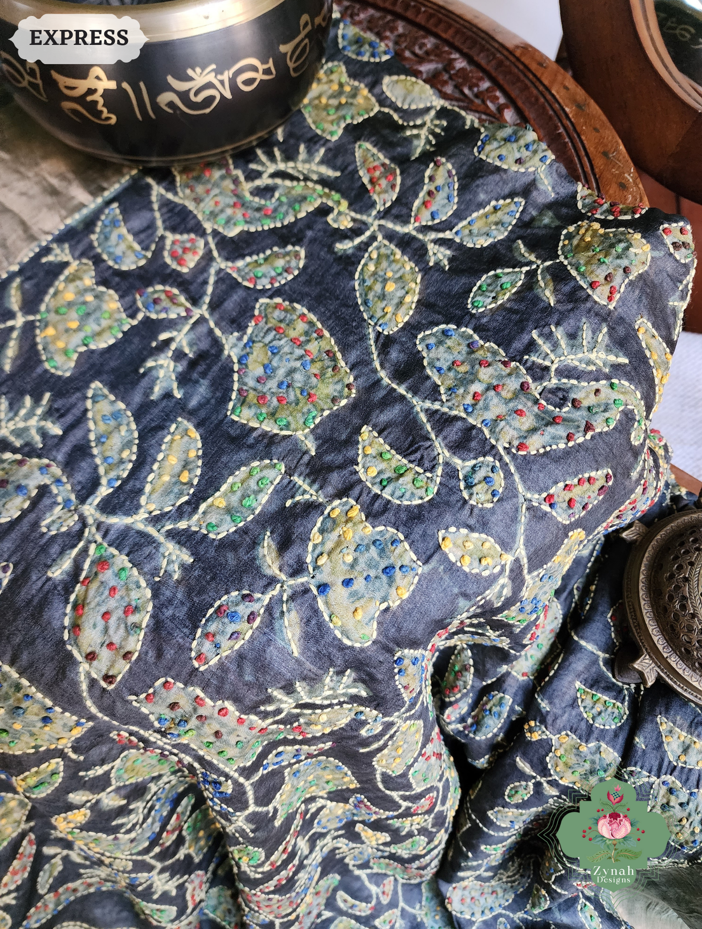 Zynah Black & Green Pure Tussar Silk Hand Block Print Ajrakh Saree With Hand Embroidery; Custom Stitched/Ready-made Blouse, Fall, Petticoat; SKU: 2409202501