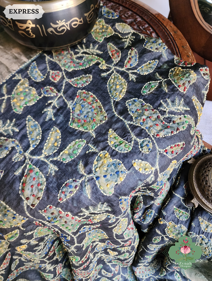 Zynah Black & Green Pure Tussar Silk Hand Block Print Ajrakh Saree With Hand Embroidery; Custom Stitched/Ready-made Blouse, Fall, Petticoat; SKU: 2409202501