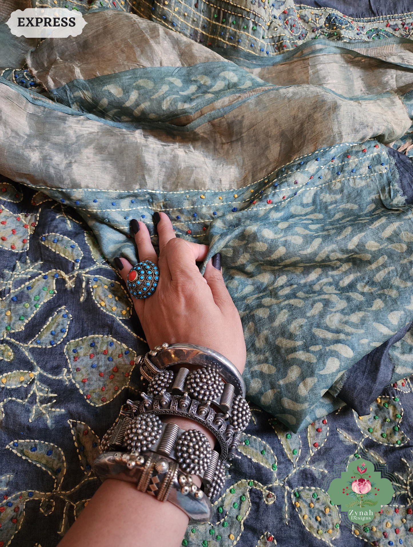 Zynah Black & Green Pure Tussar Silk Hand Block Print Ajrakh Saree With Hand Embroidery; Custom Stitched/Ready-made Blouse, Fall, Petticoat; SKU: 2409202501