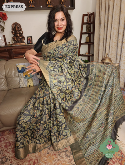Zynah Black & Green Pure Tussar Silk Hand Block Print Ajrakh Saree With Hand Embroidery; Custom Stitched/Ready-made Blouse, Fall, Petticoat; SKU: 2409202501
