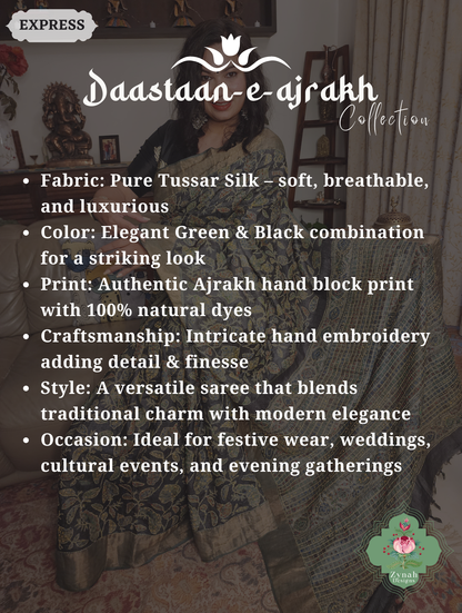 Zynah Black & Green Pure Tussar Silk Hand Block Print Ajrakh Saree With Hand Embroidery; Custom Stitched/Ready-made Blouse, Fall, Petticoat; SKU: 2409202501