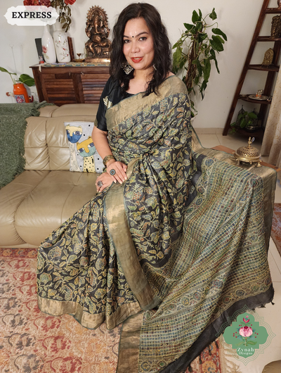 Zynah Black & Green Pure Tussar Silk Hand Block Print Ajrakh Saree With Hand Embroidery; Custom Stitched/Ready-made Blouse, Fall, Petticoat; SKU: 2409202501