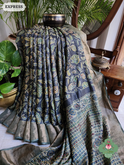 Zynah Black & Green Pure Tussar Silk Hand Block Print Ajrakh Saree With Hand Embroidery; Custom Stitched/Ready-made Blouse, Fall, Petticoat; SKU: 2409202501