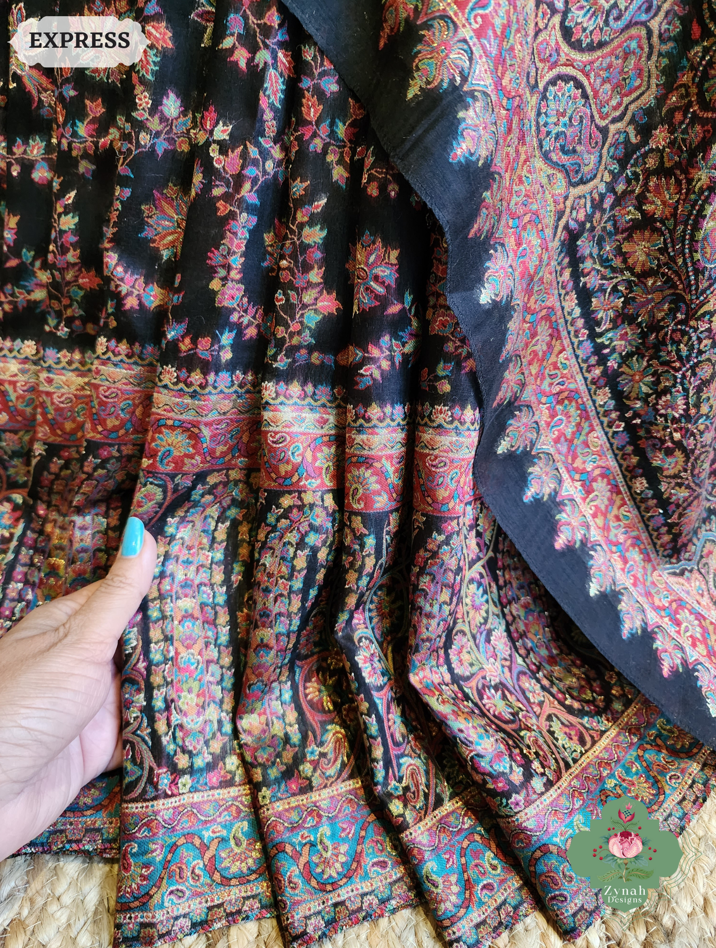 Zynah Black Kashmiri Pure Kani Silk Jamavar Saree; Custom Stitched/Ready-made Blouse, Fall, Petticoat; SKU: 0703202502