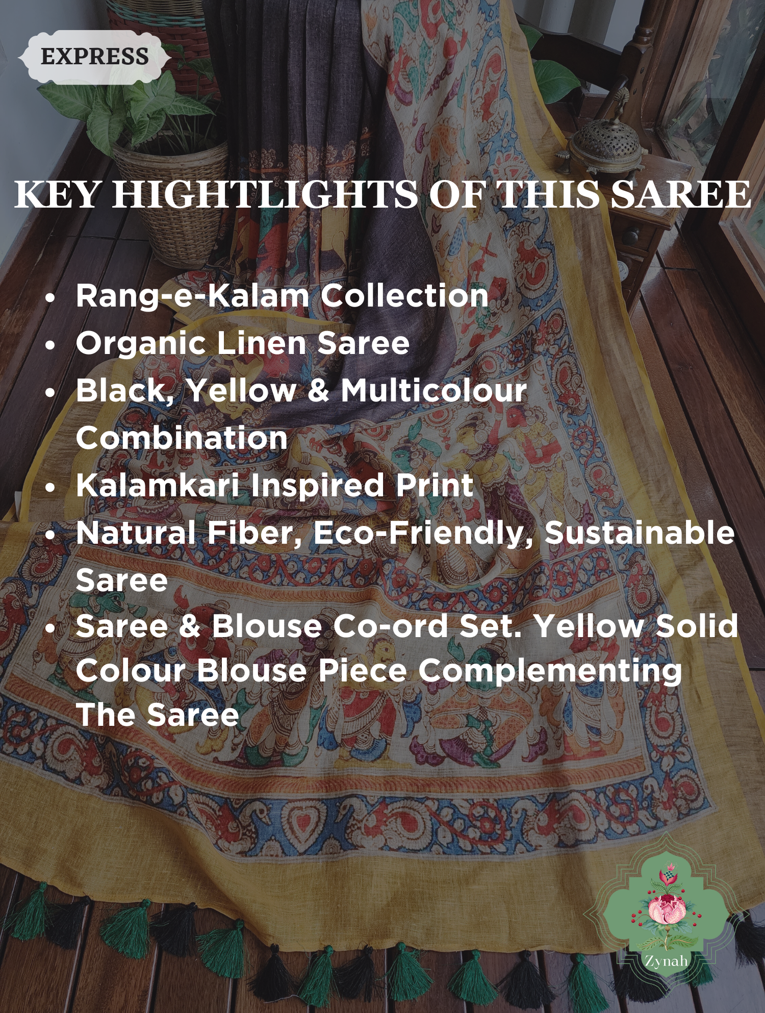 Black Organic Linen Saree With Kalamkari Print 2