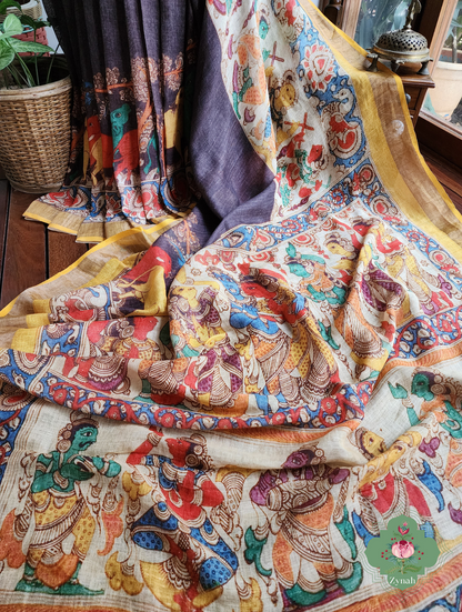 Black Organic Linen Saree With Kalamkari Print 5