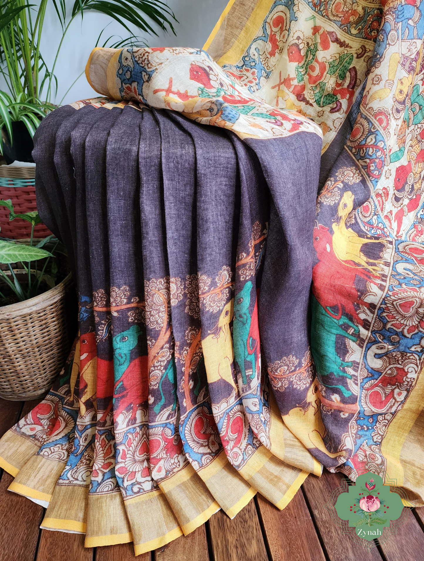 Black Organic Linen Saree With Kalamkari Print 6