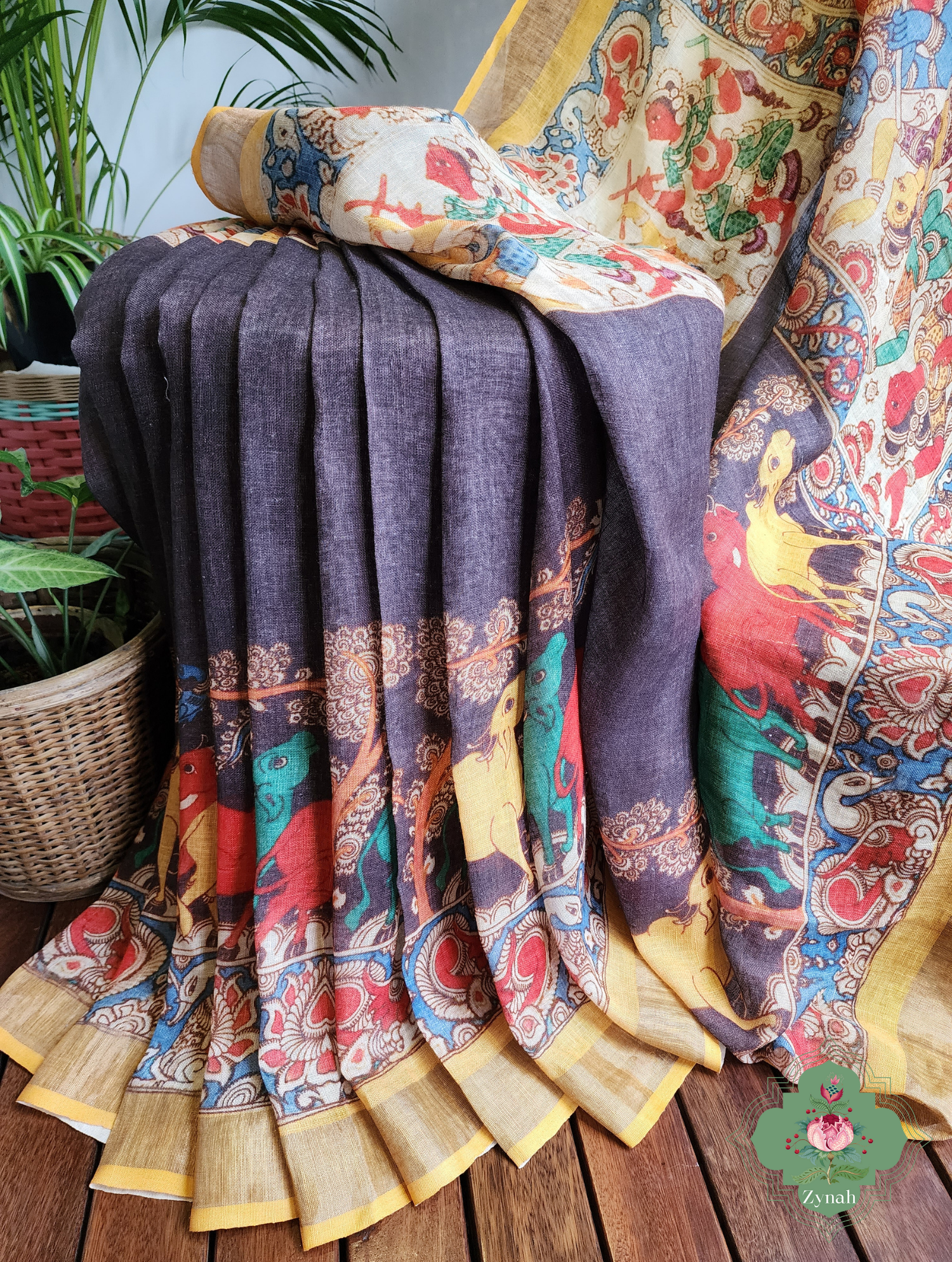 Black Organic Linen Saree With Kalamkari Print 6