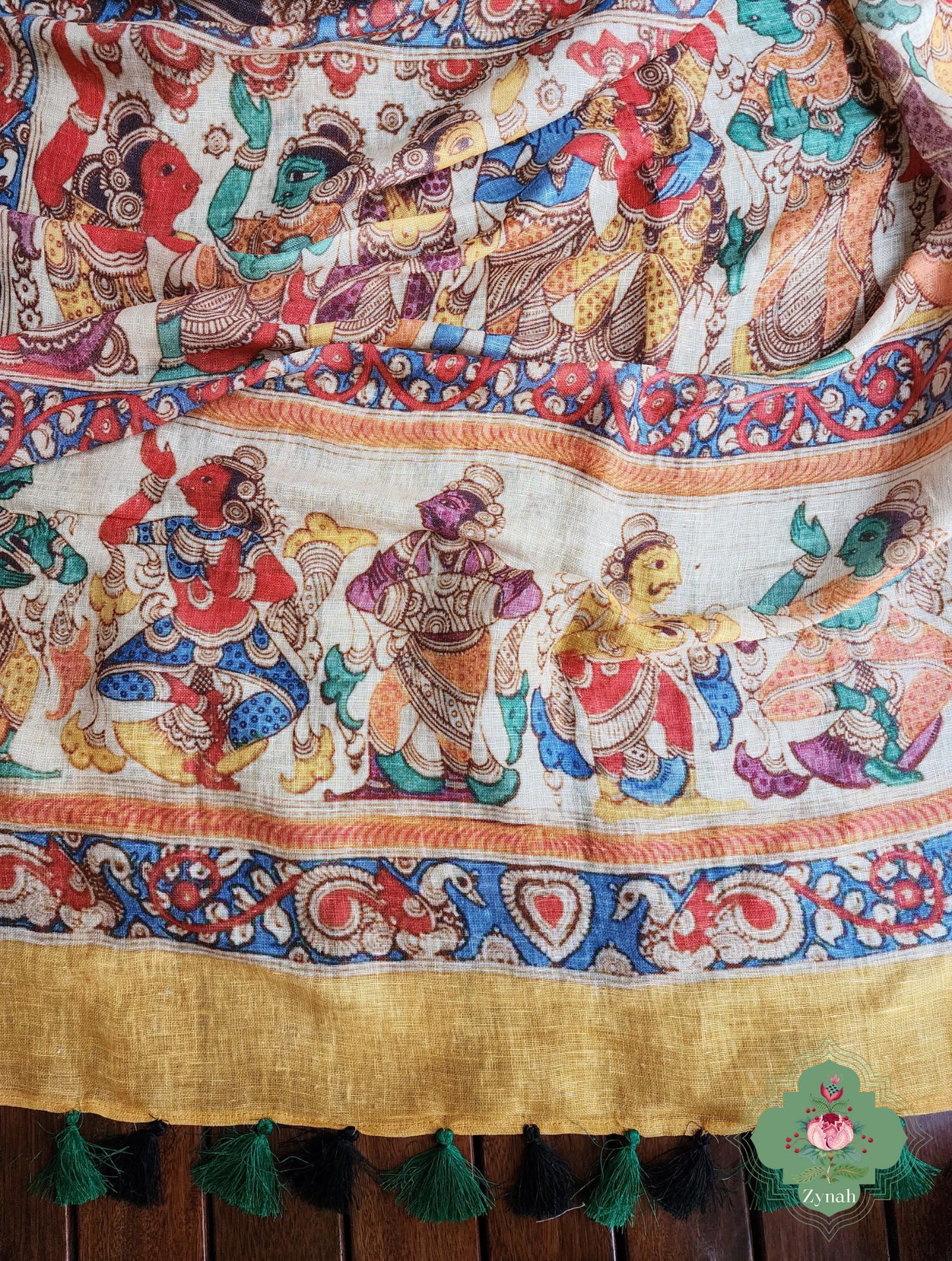 Black Organic Linen Saree With Kalamkari Print 8