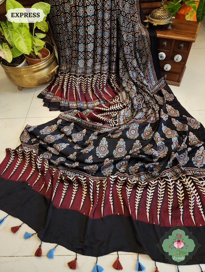 Beautiful Black Modal Silk Ajrak Saree, Natural dyes used, beautiful motifs