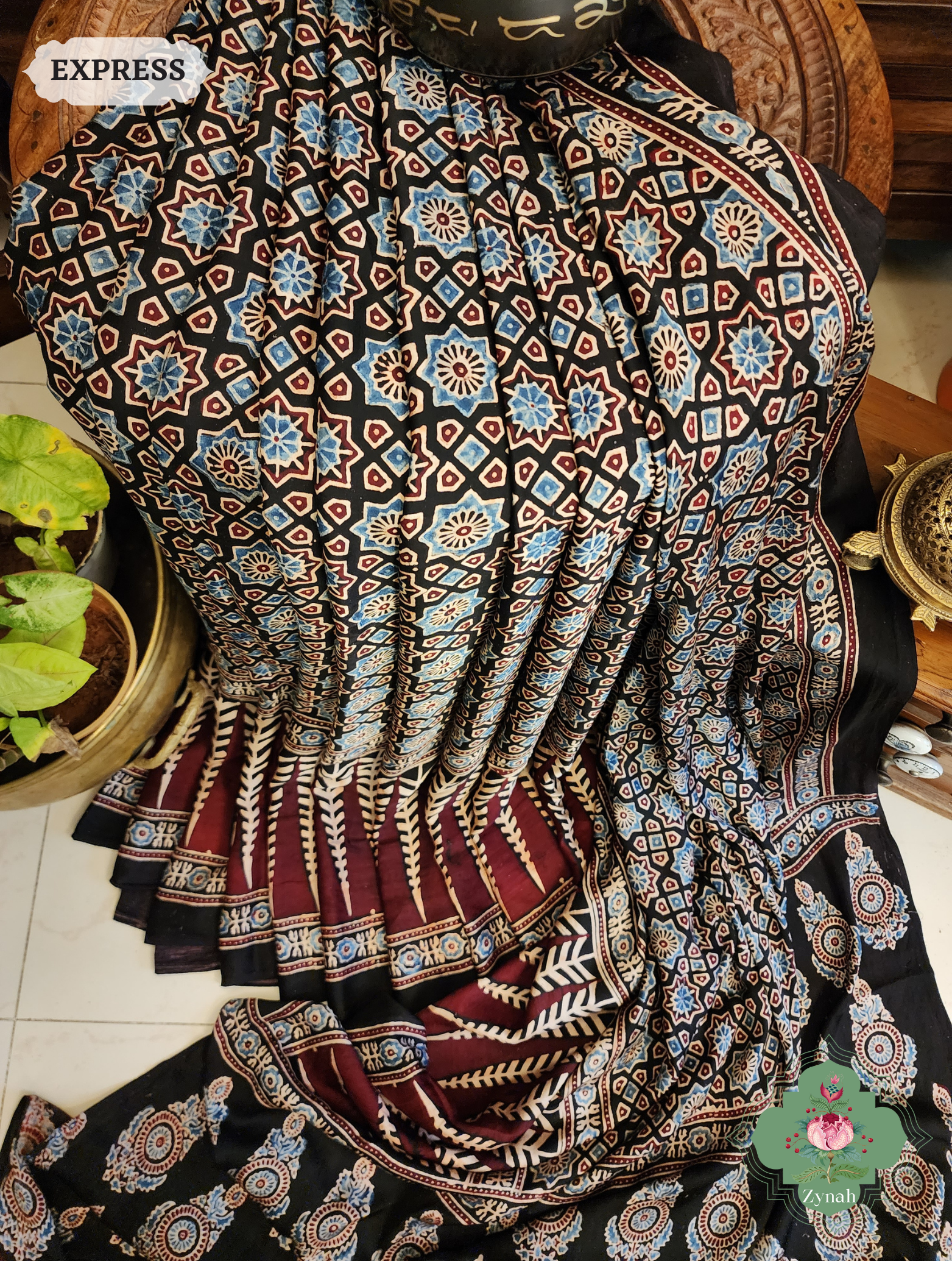 Zynah Black Modal Silk Ajrakh Saree; Custom Stitched/Ready-made Blouse, Fall, Petticoat; SKU: 0809202304