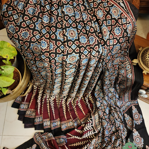 Zynah Black Modal Silk Ajrakh Saree; Custom Stitched/Ready-made Blouse, Fall, Petticoat; SKU: 0809202304