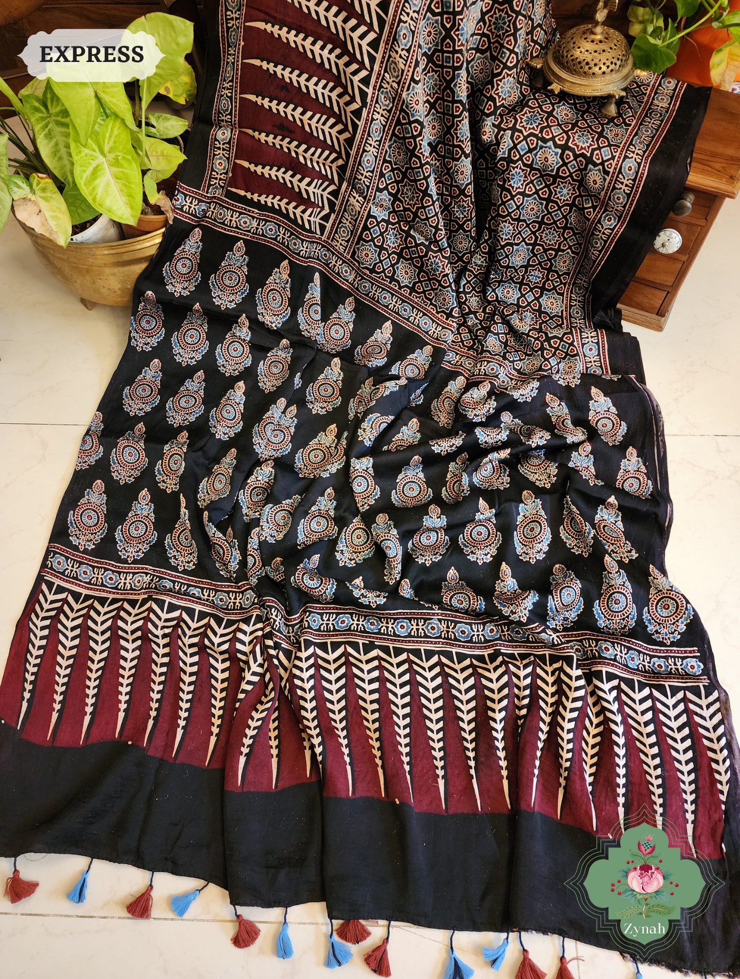 Zynah Black Modal Silk Ajrakh Saree; Custom Stitched/Ready-made Blouse, Fall, Petticoat; SKU: 0809202304