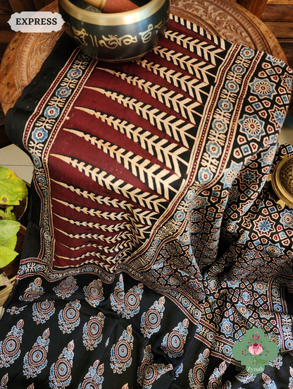 Zynah Black Modal Silk Ajrakh Saree; Custom Stitched/Ready-made Blouse, Fall, Petticoat; SKU: 0809202304
