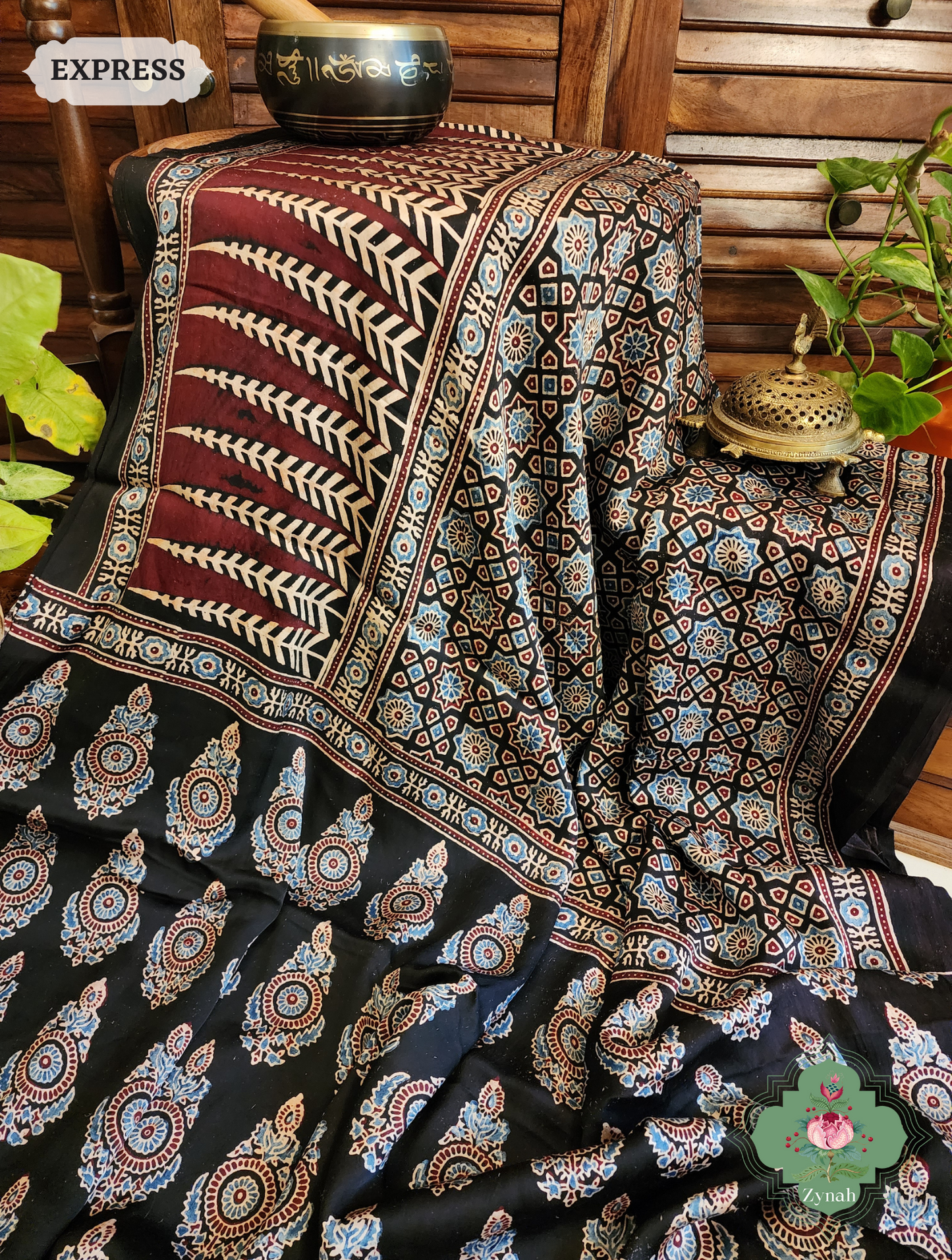 Zynah Black Modal Silk Ajrakh Saree; Custom Stitched/Ready-made Blouse, Fall, Petticoat; SKU: 0809202304