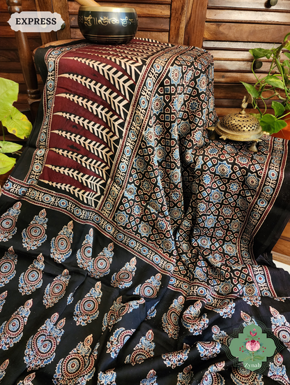 Zynah Black Modal Silk Ajrakh Saree; Custom Stitched/Ready-made Blouse, Fall, Petticoat; SKU: 0809202304
