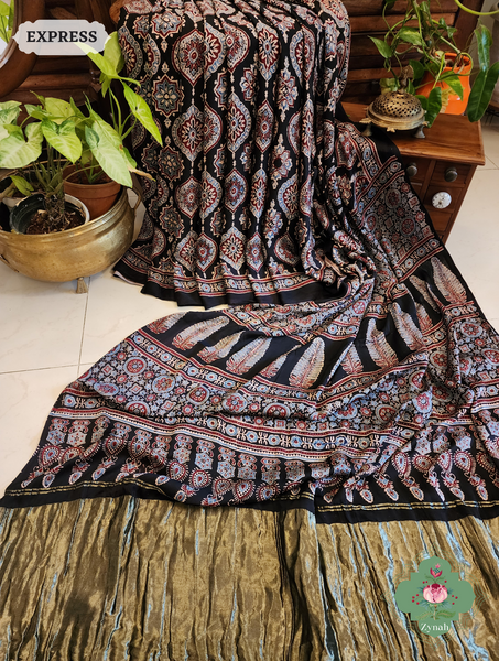 Elegant Black Modal Silk Ajrakh Saree, Lagdi Patta, Madder Red & Indigo Motifs