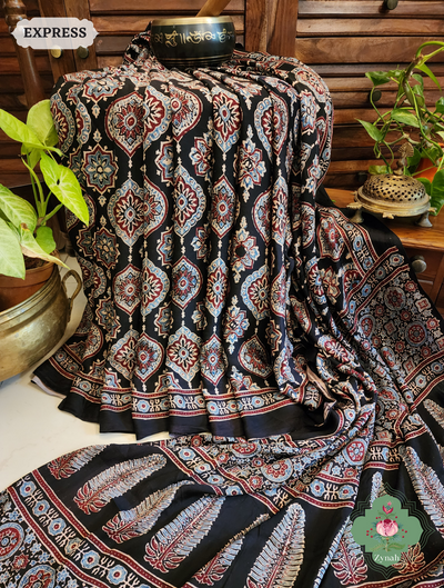 Zynah Black Modal Silk Ajrakh Saree With Zari Lagdi  Patta on Pallu; Custom Stitched/Ready-made Blouse, Fall, Petticoat; SKU: 08092023025