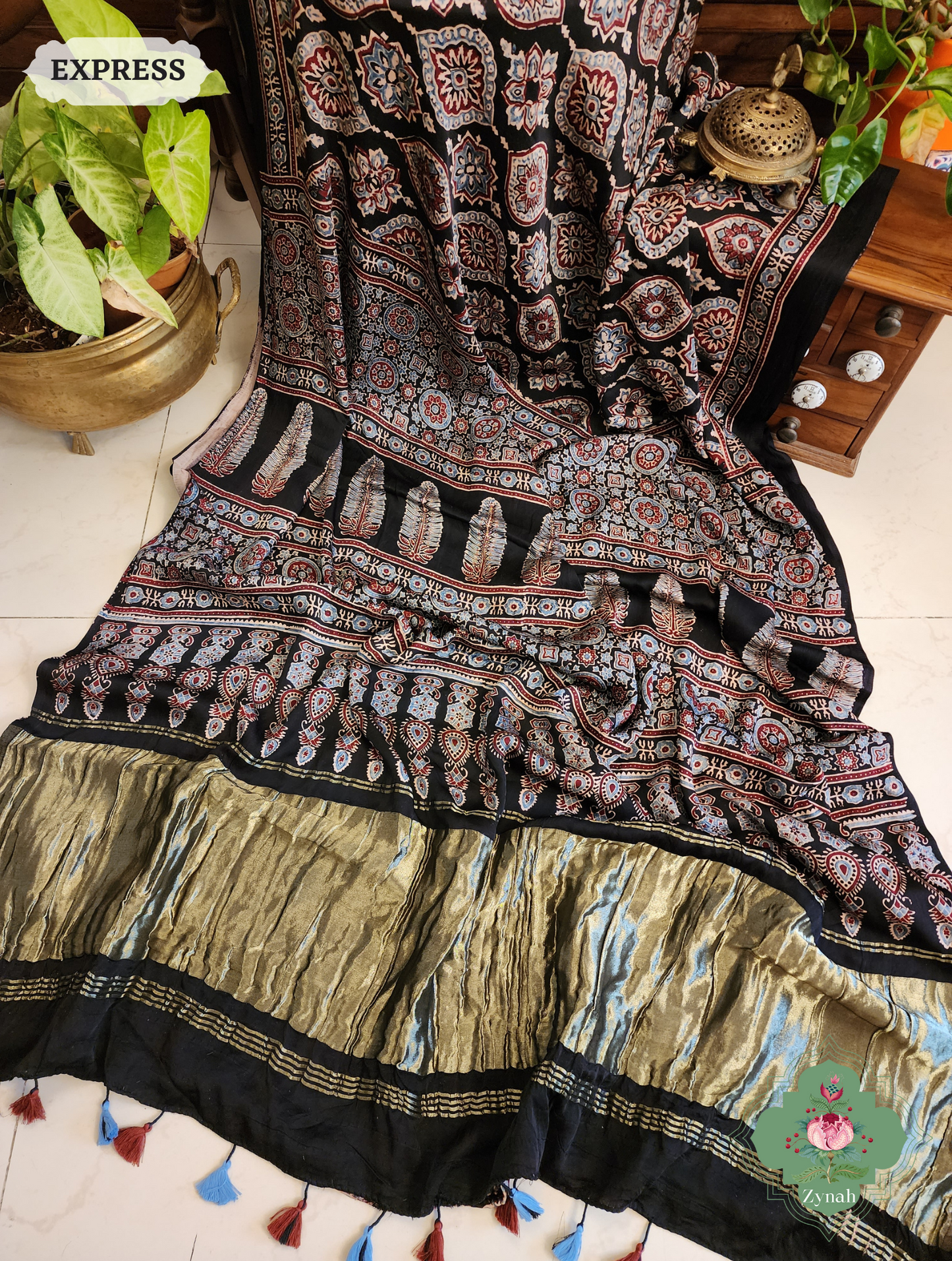 Zynah Black Modal Silk Ajrakh Saree With Zari Lagdi  Patta on Pallu; Custom Stitched/Ready-made Blouse, Fall, Petticoat; SKU: 08092023025