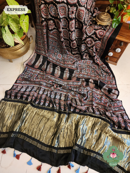 Zynah Black Modal Silk Ajrakh Saree With Zari Lagdi  Patta on Pallu; Custom Stitched/Ready-made Blouse, Fall, Petticoat; SKU: 08092023025