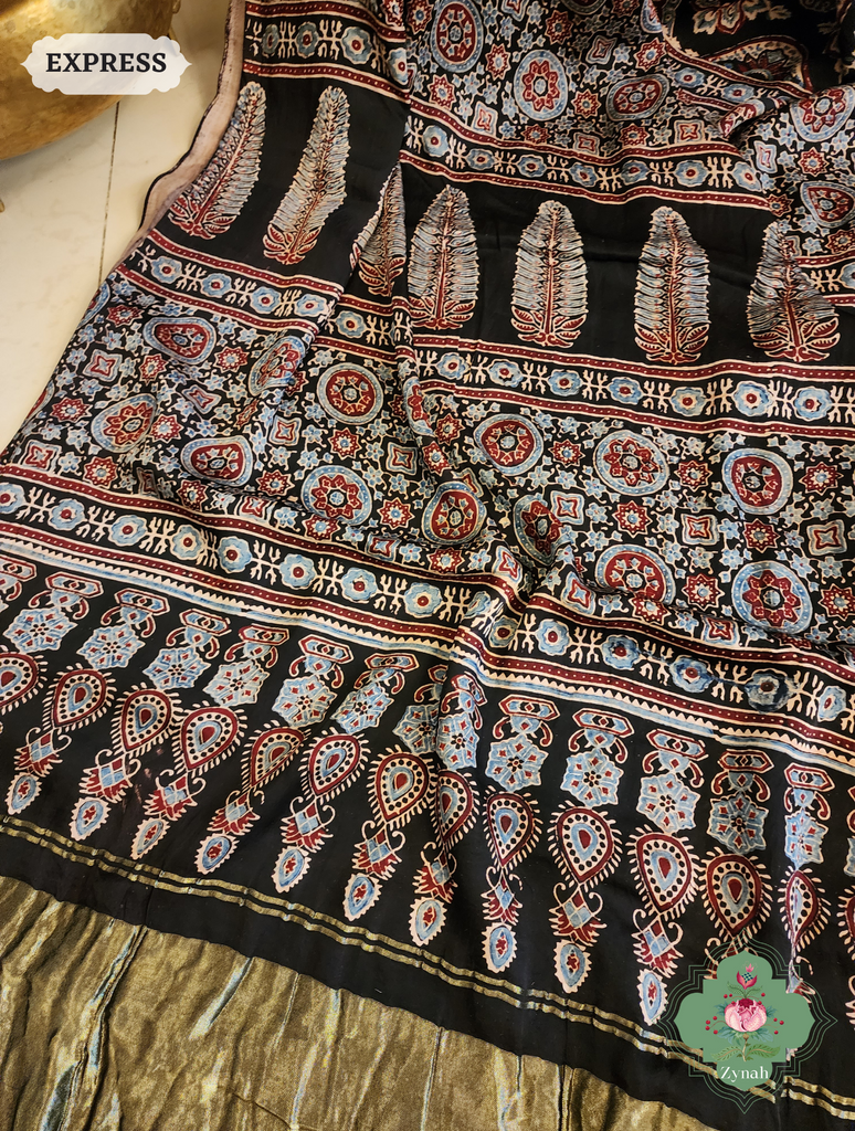 Zynah Black Modal Silk Ajrakh Saree With Zari Lagdi  Patta on Pallu; Custom Stitched/Ready-made Blouse, Fall, Petticoat; SKU: 08092023025