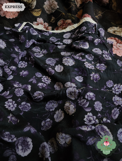 Zynah Black Organza Silk Saree With Floral Print & Sugar Bead Hightlights; Custom Stitched/Ready-made Blouse, Fall, Petticoat; SKU: 1402202501