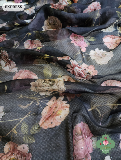 Zynah Black Organza Silk Saree With Floral Print & Sugar Bead Hightlights; Custom Stitched/Ready-made Blouse, Fall, Petticoat; SKU: 1402202501