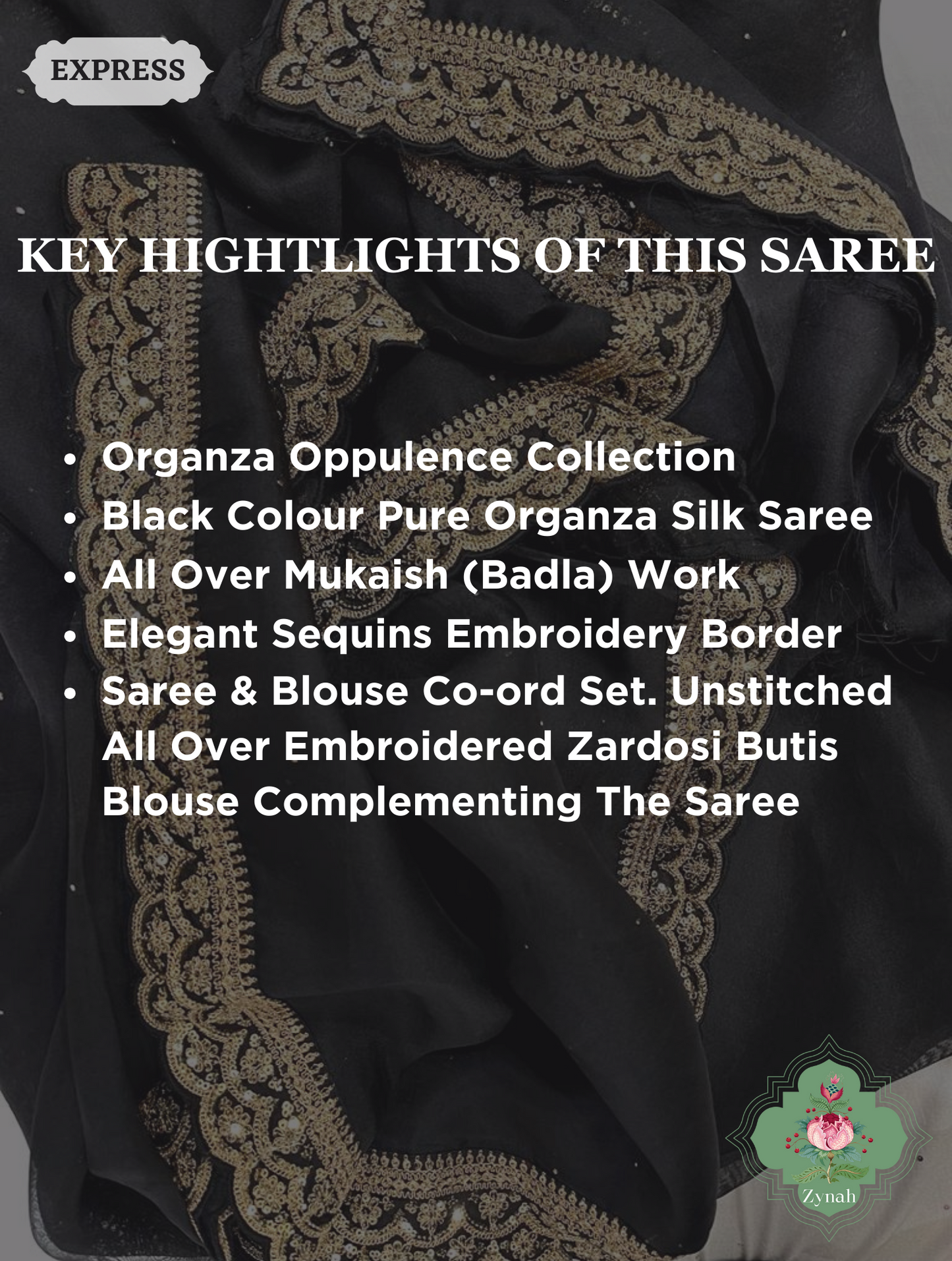 Black Pure Organza Silk Saree With All Over Mukaish Work & Sequins Embroidered Border