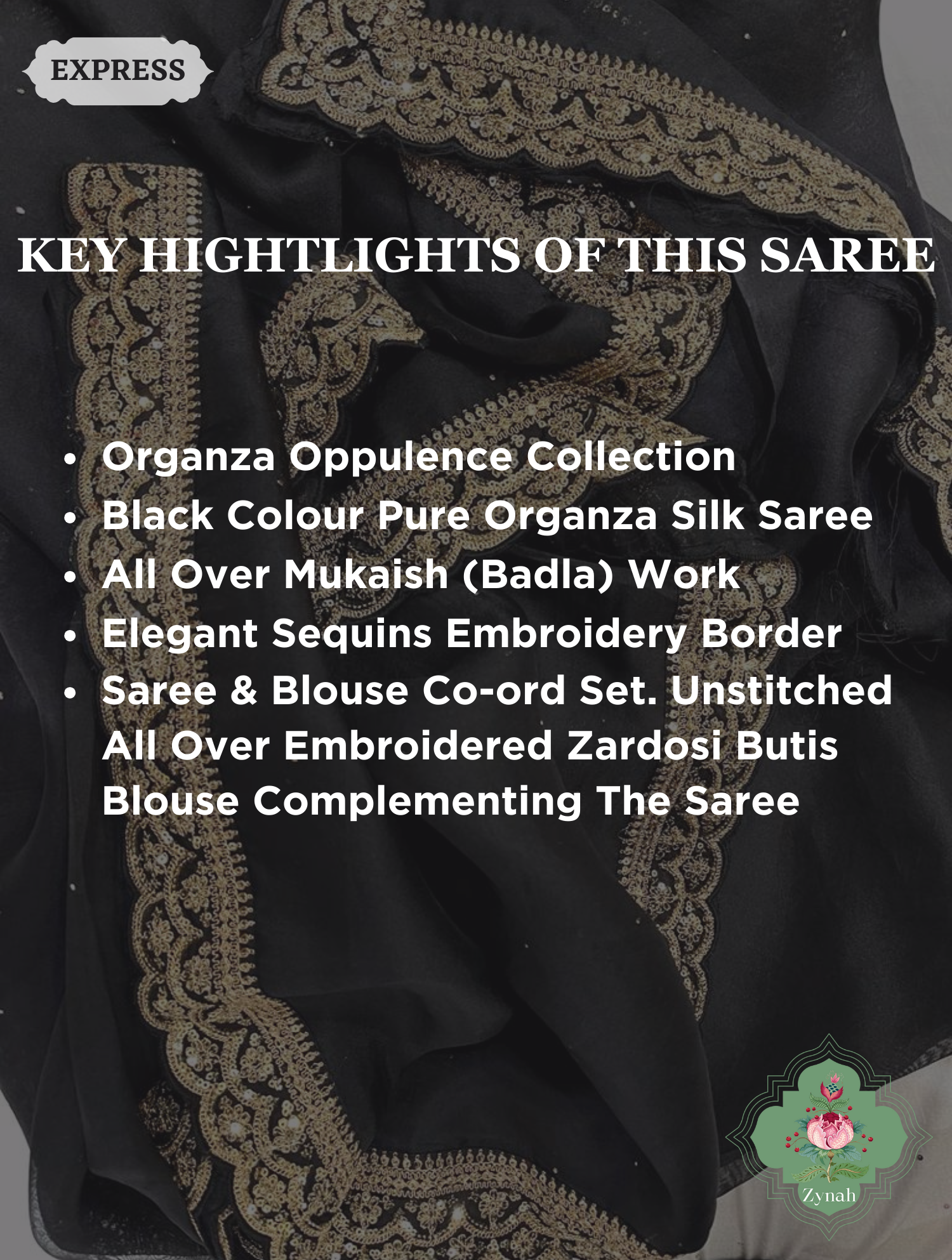 Black Pure Organza Silk Saree With All Over Mukaish Work & Sequins Embroidered Border