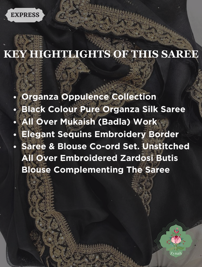 Black Pure Organza Silk Saree With All Over Mukaish Work & Sequins Embroidered Border